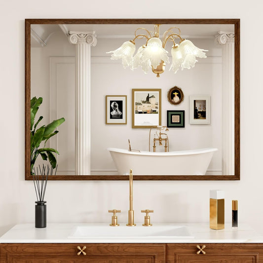 Rectangle Walnut Bathroom Mirror 40x30 Inch, Anti-Rust 4MM Tempered Glass, Modern Vanity Mirror for Bathroom, Horizontal or Vertical Wall Mount