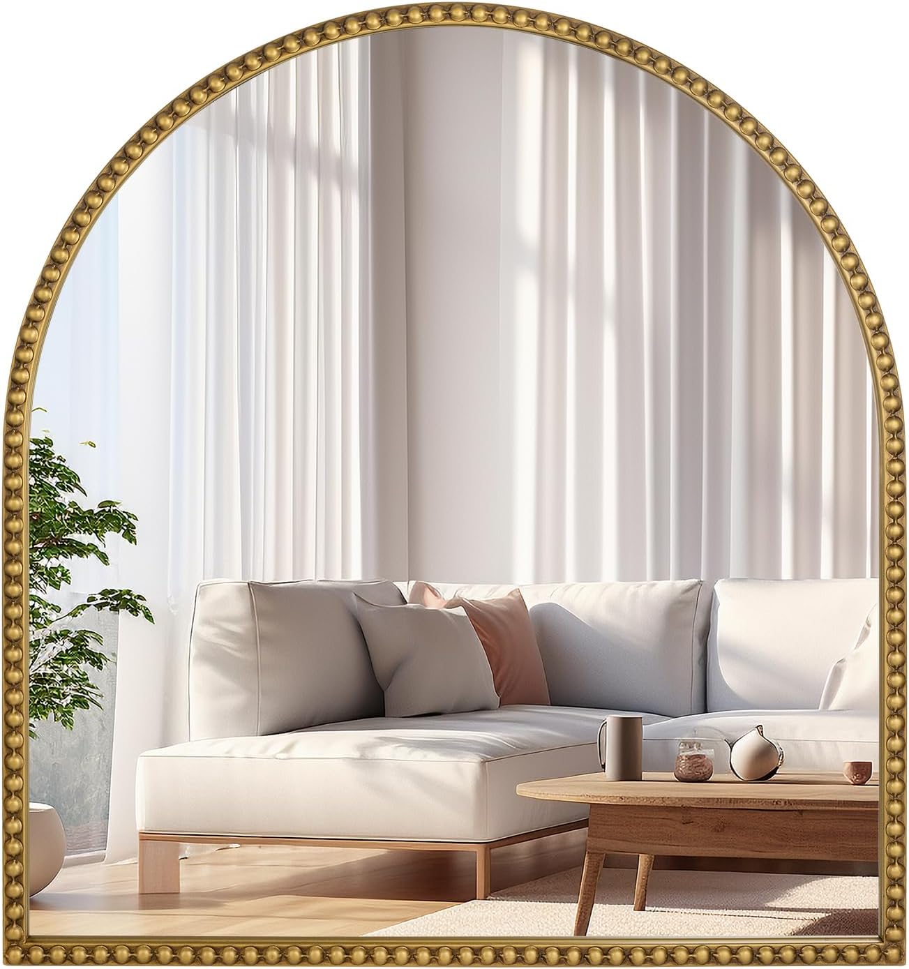 28x26 Inch Arched Bathroom Mirror, Antique Gold Wall Mirror Metal Beaded Frame, Vanity Mirror for Dresser Living Room Bedroom Mantel Entryway Hallways