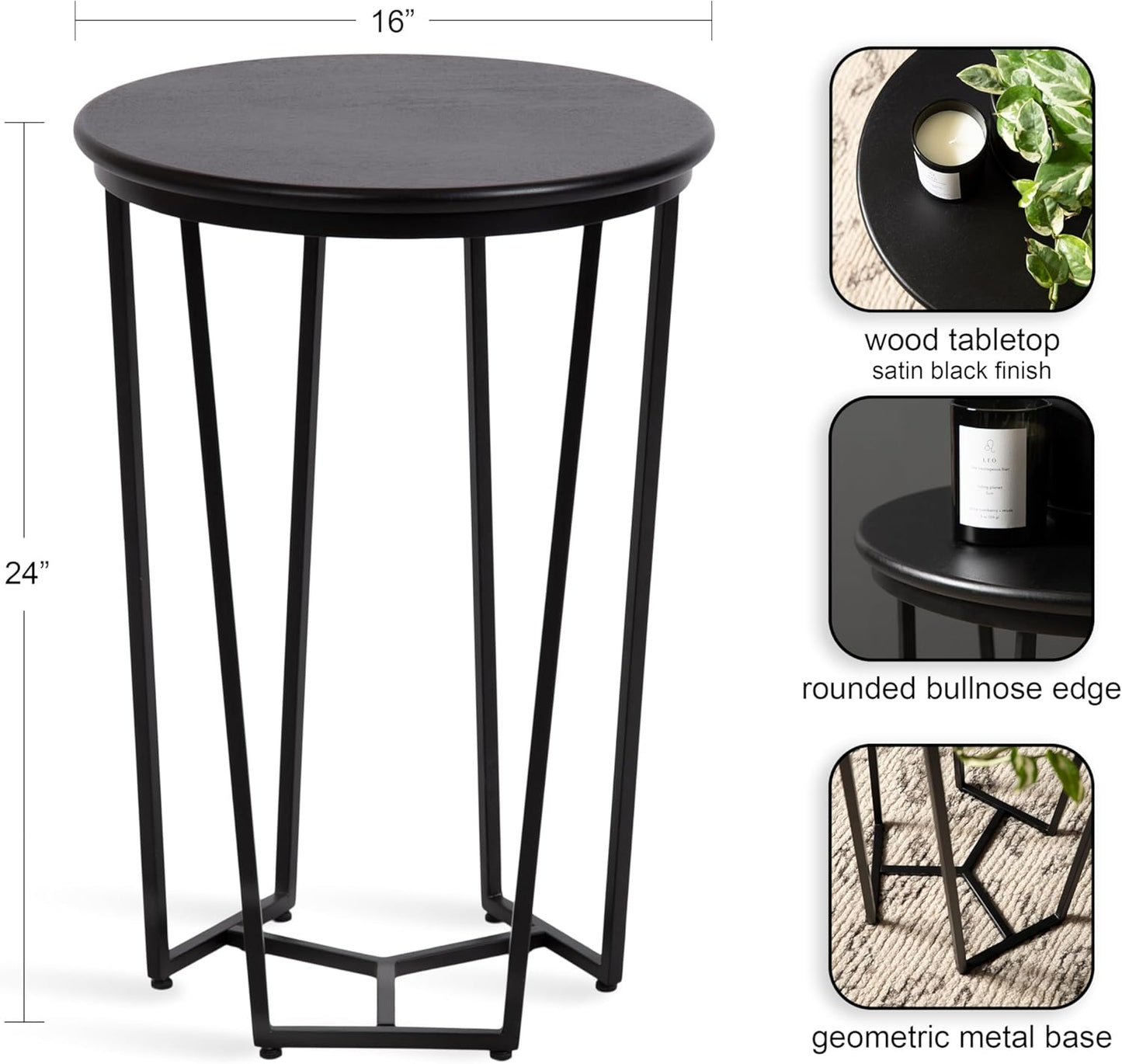 Kate and Laurel Solvay Round Metal and Wood Side Table; 16 x 16 x 24; Black; Modern Bedroom Nightstand Table with Solid Mango Wood Tabletop and Iron Base