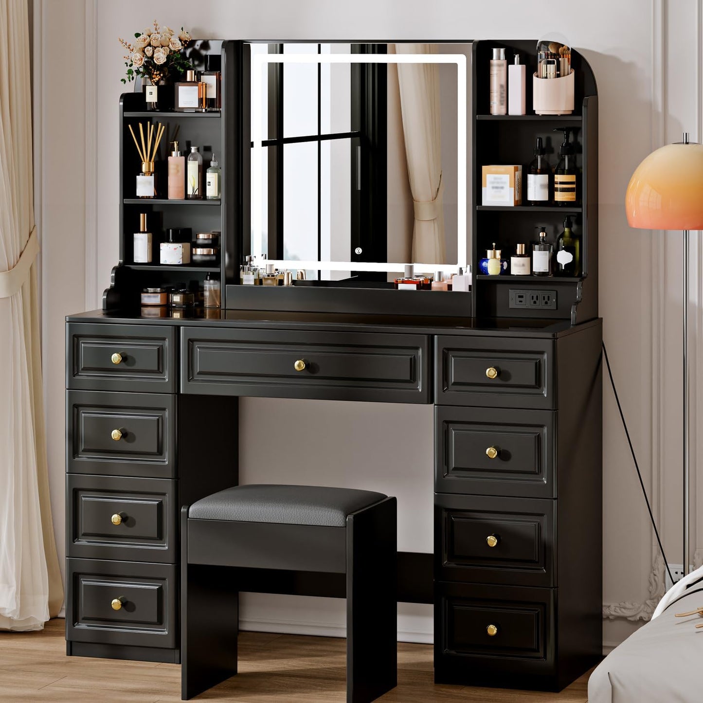 42" Makeup Vanity Desk with Mirror and Lights, & Power Outl, Glass Top Big Vanity Table with 9 Drawers& 8 Storage Shelves, Dressing Table Set with Chair for Bedroom, Black