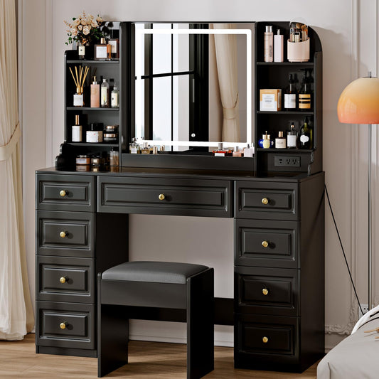 42" Makeup Vanity Desk with Mirror and Lights, & Power Outl, Glass Top Big Vanity Table with 9 Drawers& 8 Storage Shelves, Dressing Table Set with Chair for Bedroom, Black