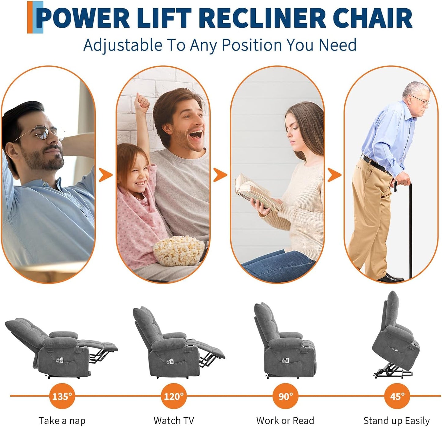 GarveeHome Power Lift Recliner Chair for Elderly with Massage and Heat, Oversized Electric Massage & Heat Recliner with Soft Padded Upholstery, Side Pocket & Cup Holders for Living Room, Gray