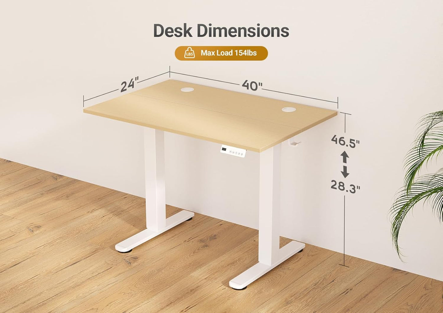Seang Electric Standing Desk Adjustable Height, 40 x 24 Inch Sit Stand Desk with T-Shaped Frame, 3 Memory Presets & Cable Management for Home Office Computer Workstation, White Frame/Nature Top