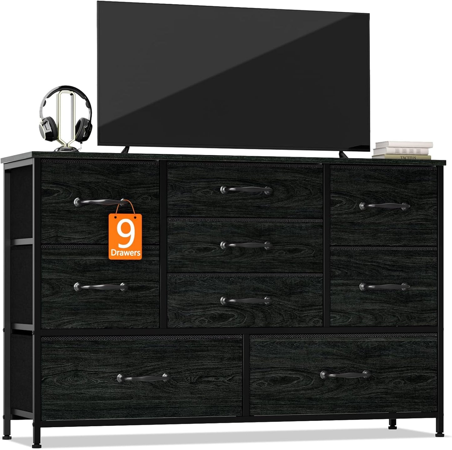 Furnulem Dresser for Bedroom with 9 Large Drawers for 55'' Long Chest TV Stand Entertainment Center, Wood Shelf Storage for Living Room, Dorm, Closet, Entryway, Sturdy Metal Frame(Black Oak)