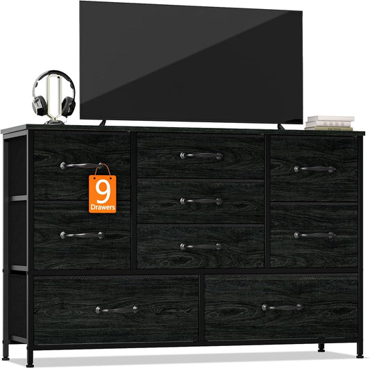 Furnulem Dresser for Bedroom with 9 Large Drawers for 55'' Long Chest TV Stand Entertainment Center, Wood Shelf Storage for Living Room, Dorm, Closet, Entryway, Sturdy Metal Frame(Black Oak)