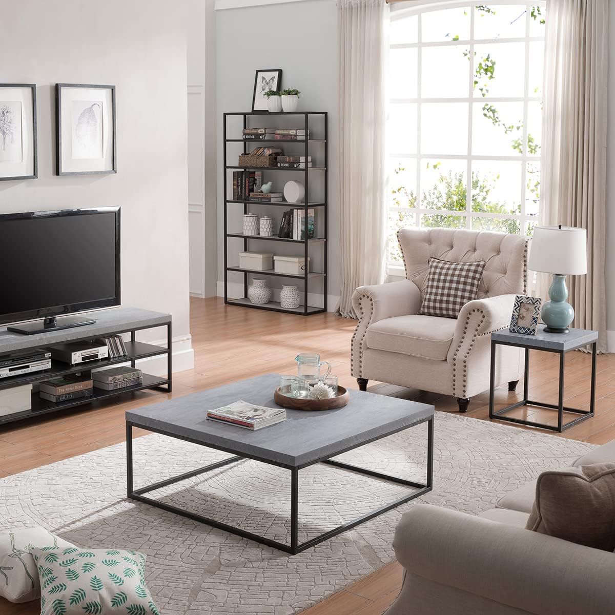 CENSI 40-Inch Concrete Accent Coffee Table Ottoman for Living Room, Rectangle, Mid-Century Modern Industrial Style, Extra Thick Top, Wood and Metal (Grey Marble)