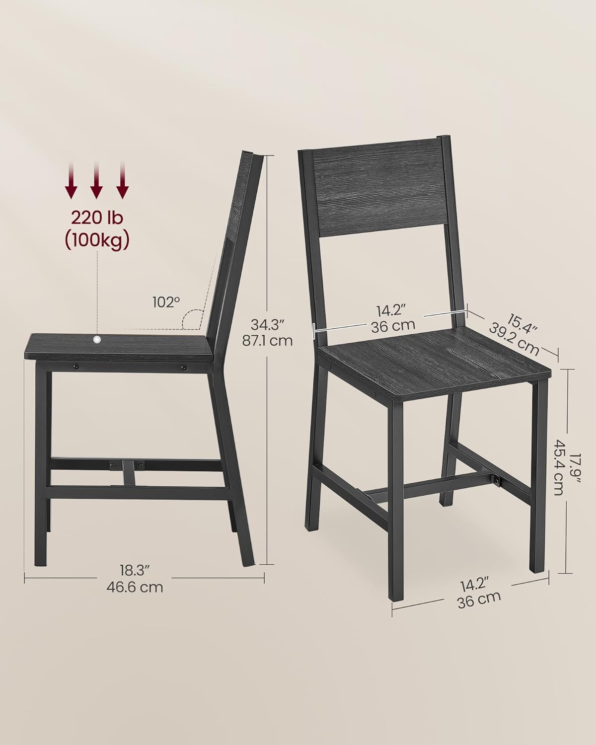 VASAGLE Dining Chair Set of 2, Rustic Wood Chairs with Metal Steel Frame, Easy to Assemble, Comfortable Seat, Modern Farmhouse Chair for Kitchen, Bedroom, Living Room, Charcoal Black and Ink Black