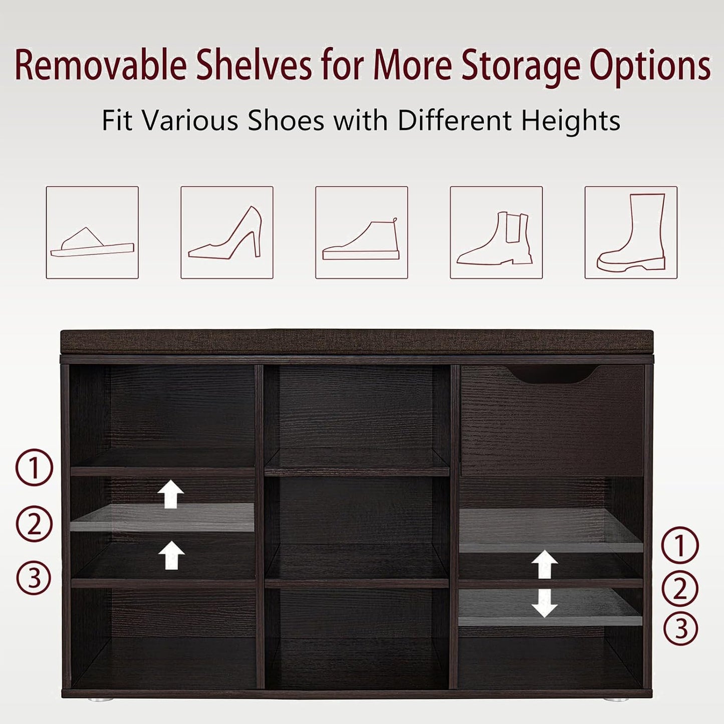 DINZI LVJ Shoe Bench,Entryway Storage Bench with Drawer and 8 Cubbies,Cubby Rack Adjustable Shelves,Shoe Organizer Cabinet for Living Room,Bedroom,Mudroom,Closet Garage,Espresso