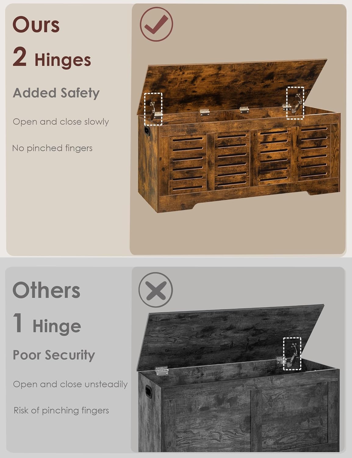 DINZI LVJ Storage Chest, 47.3” Wooden Toy Box with 2 Safety Hinges, Retro Entryway Shoe Storage Bench with Flip-Top, Sturdy Large Storage Trunk for Living Room, Bedroom, Easy Assembly, Rustic Brown