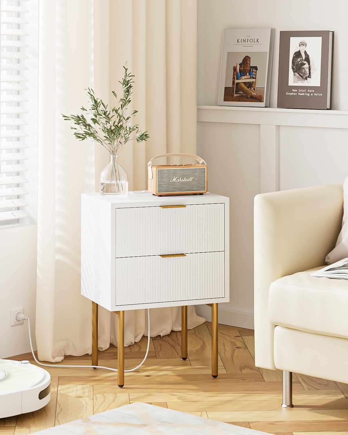 Nightstand,Small Bedside Table with Gold Frame,Morden Night Stand with 2 Drawer,End Table,Side Table with Drawer and Shelf for Bedroom,Living Room (White-2Drawer-Outlet)