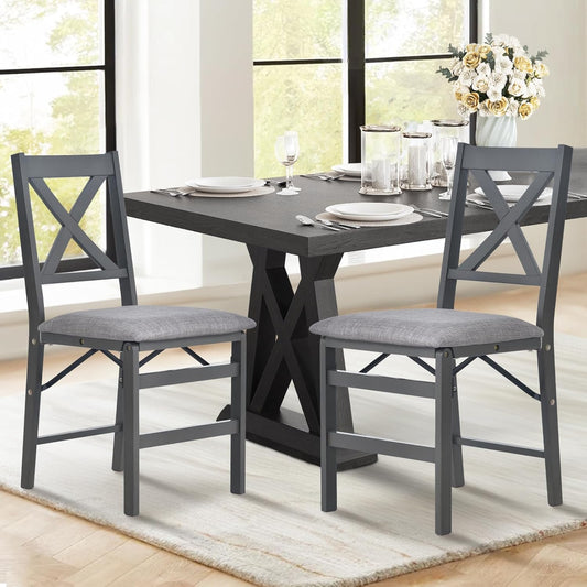 COLAMY Folding Dining Chairs Set of 2 – Dark Grey Upholstered Dining Room Chairs with Wooden Frame, Pre-Assembled, Space Saving Modern Kitchen & Dining Room Furniture for Small Spaces