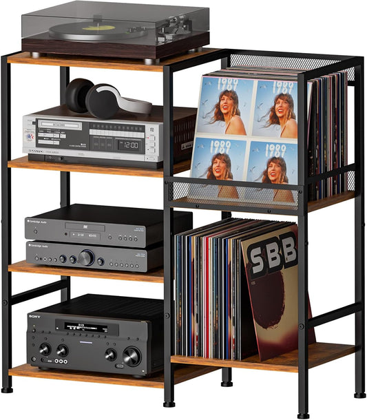 Record Player Stand Table with Vinyl Record Storage Holder-Up to 200+ Albums, Small Media Cabinet Console Table Stereo Stand Tower, Audio Video Shelving/Turntable Stand Shelf for Entertainment Center