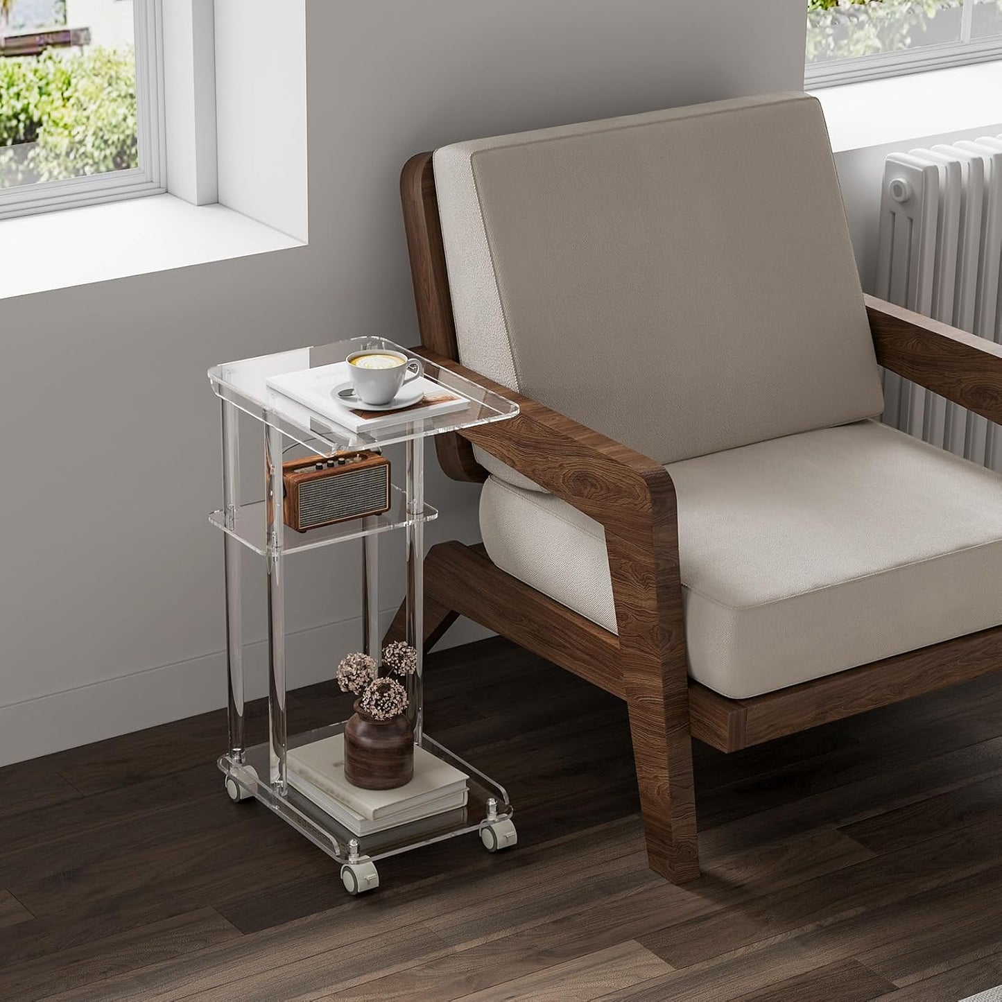 HMYHUM Acrylic C Shaped Table with Wheels, Clear Rolling Side/End Table for Couch, Living Room, Bedroom, Slide Under Sofa Table for Small Spaces, 15.6" L x 11.6" W x 27" H