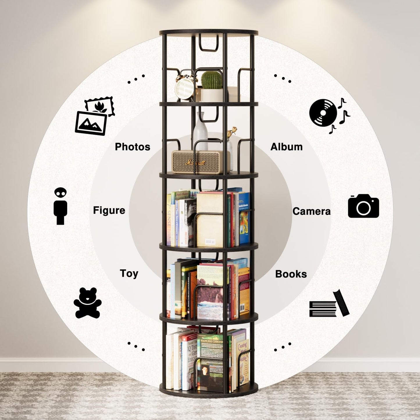 5 Tier Rotating Bookshelf, 360 Display Spinning Corner Bookshelf, Space-Saving Metal Frame Bookcase for Living Room, Office, Bedroom, Black