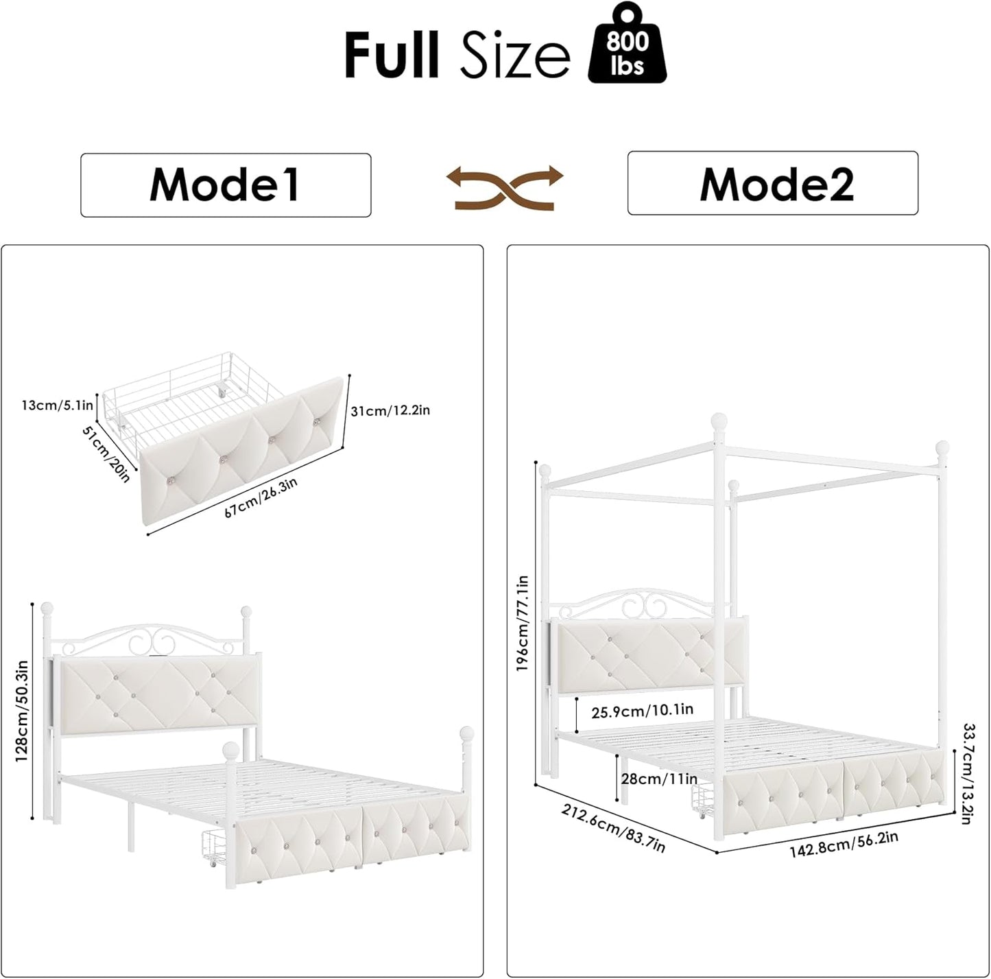 Full Upholstered Canopy Bed Frame with 2 Drawers & Crystal Tufted Storage Headboard Metal Platform Bed with Charging Station & 4 Removable Posts No Box Spring Needed Curtain Not Included, Beige