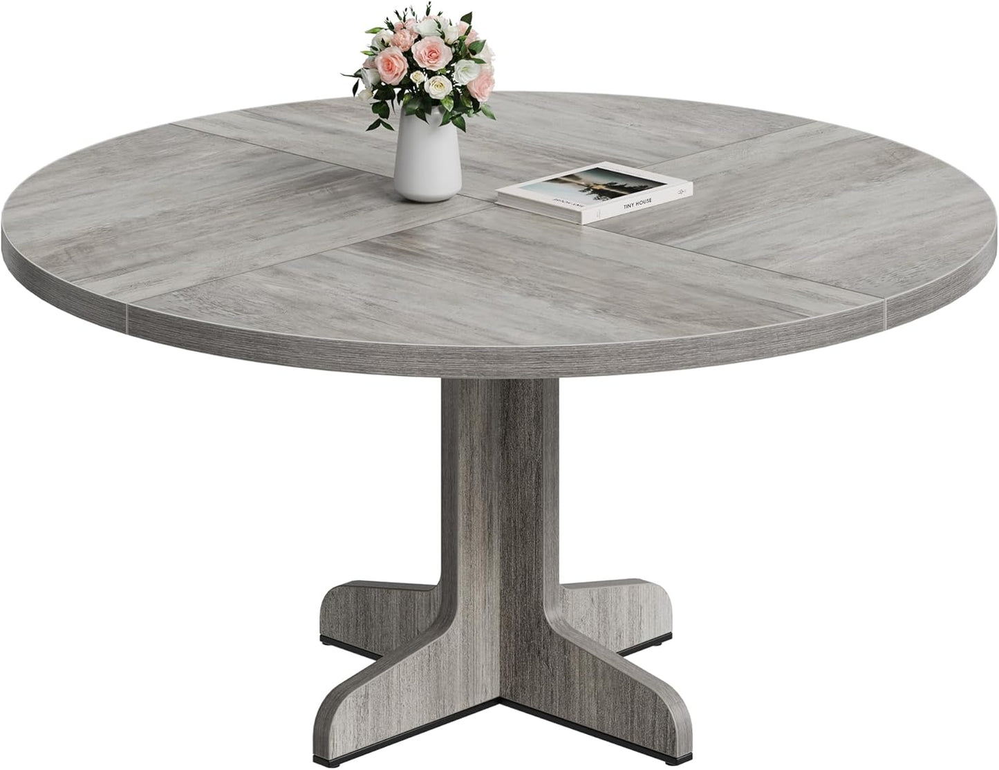 GarveeHome Round Dining Table for 4, 47 Inch Farmhouse Circle Kitchen Table with Wood Tabletop and Stable Base, for Home Dining Room Living Room, Grey (Only Table)