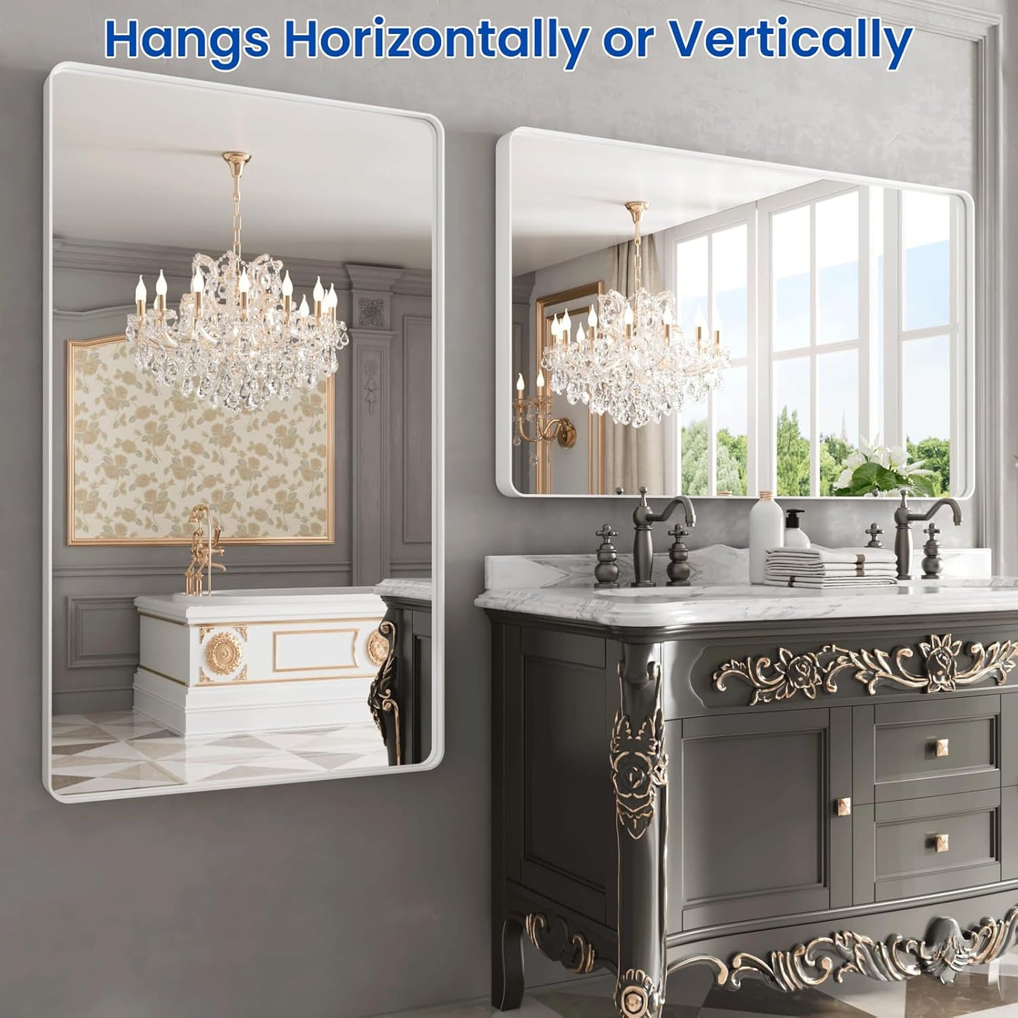 WEER White Bathroom Mirror 50X30 Inch, Rounded Rectangle White Metal Frame Mirror, Matte White Bathroom Vanity Mirror with Tempered Glass, Anti-Rust, Hangs Horizontally or Vertically