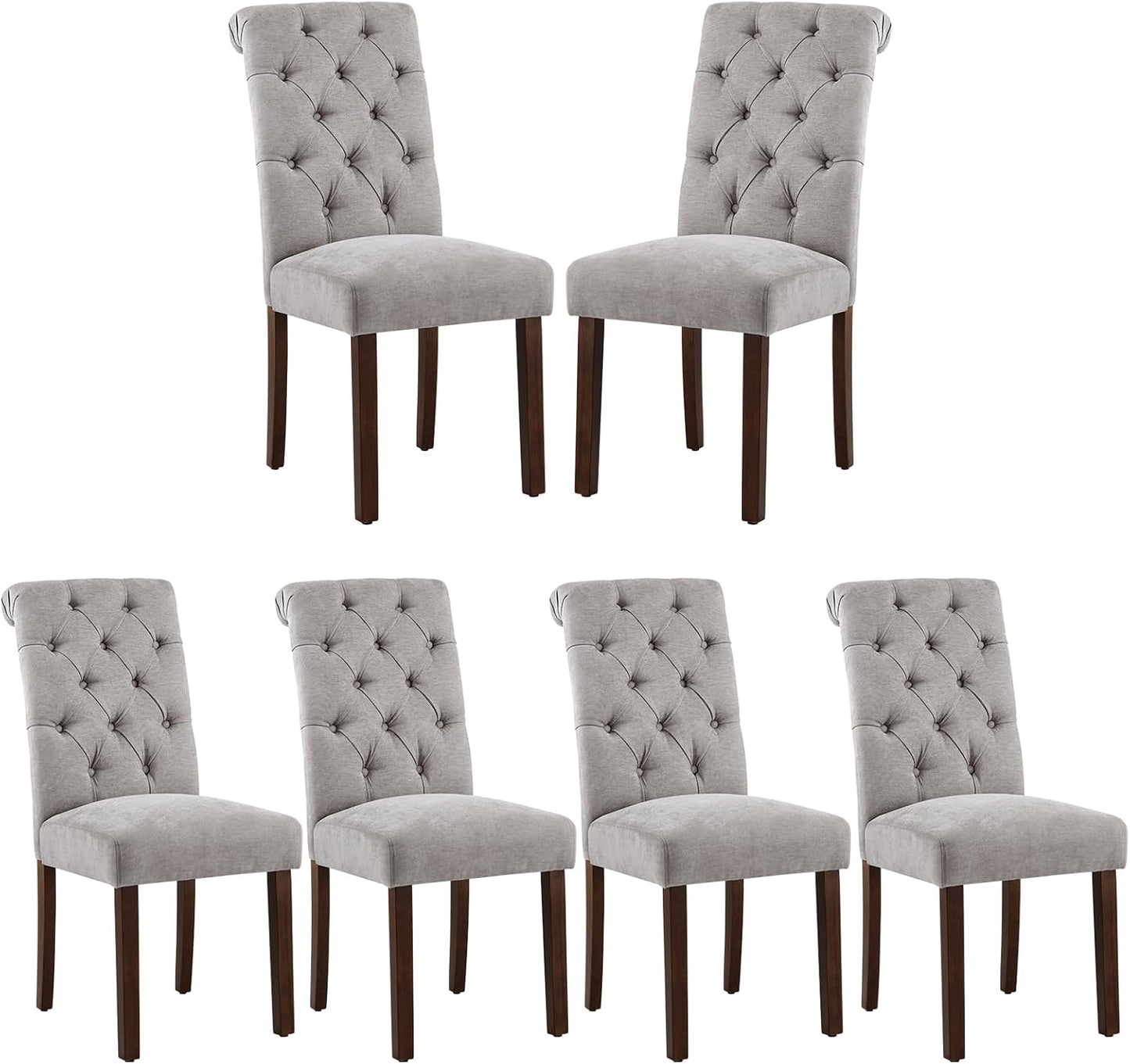 COLAMY Button Tufted Dining Chairs Set of 6, Parsons Upholstered Fabric Dining Room Chairs Kitchen Chairs with Wood Legs and Padded Seat, Light Grey
