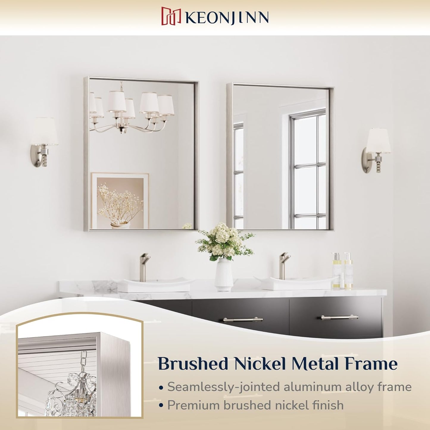 Keonjinn 24 x 32 in Brushed Nickel Bathroom Mirror for Wall, Silver Rectangular Metal Framed Vanity Mirror for Bathroom Sink Square Corner Aluminum Alloy Modern Rectangle Mirror(Horizontal/Vertical)