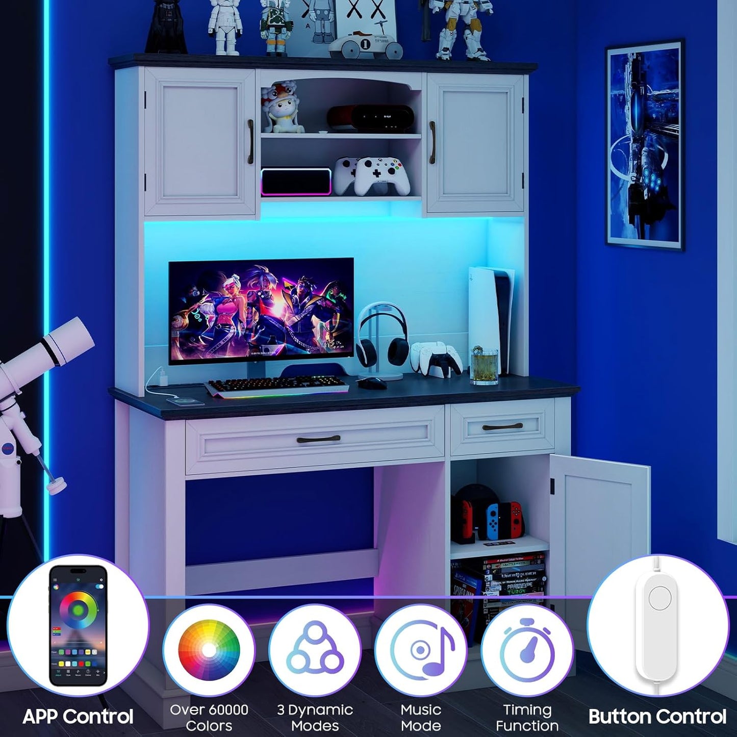 Farmhouse 47" Executive Desk with Hutch, 2 Drawers and LED Light, Computer Desk with Storage Cabinet and Charging Station,Workstation for Home Office and Study.