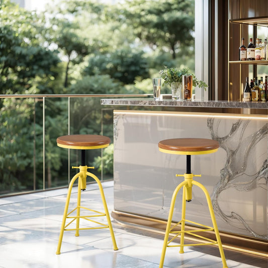 Topower Antique Industrial Design Metal Adjustable Height Bar Stool Kitchen Dining Breakfast Chair Wood Seat Counter Stool Set of 2