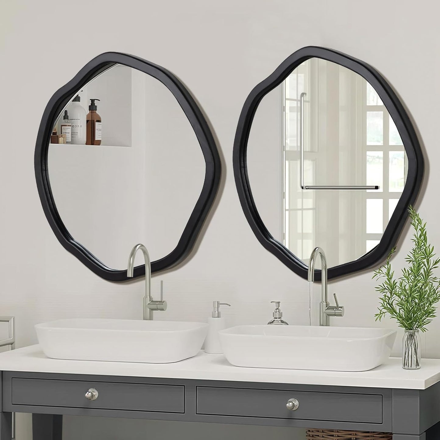 ULIKE Round Wood Mirror 24 Inch Circle Wall Mirror, Asymmetrical Bathroom Vanity Mirror with Wood Frame, Decorative Wall Mounted Mirror for Bedroom, Living Room, Entryway, Black
