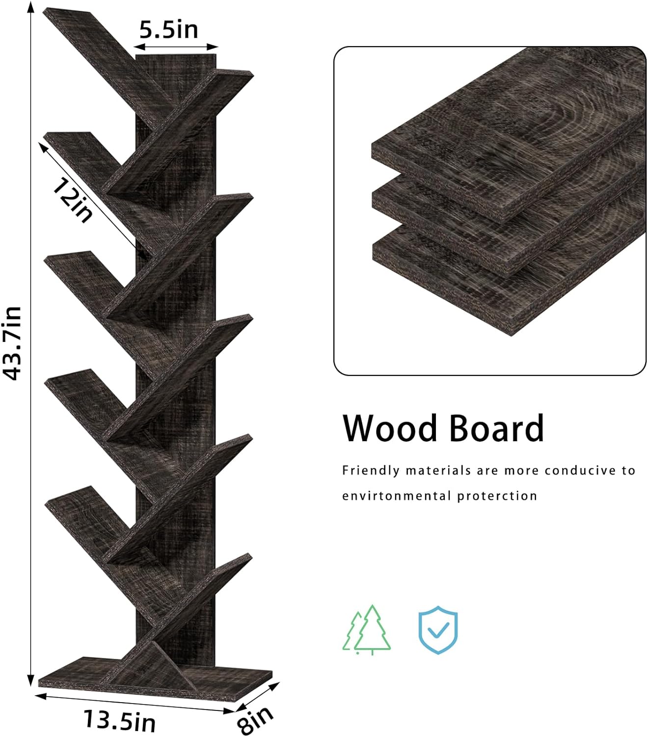 10 Tier Tree Book Shelf, Floor Standing Wood Bookshelf for Narrow Space, Storage Organizer Bookshelves for Books/CDs/Magazine, Bookcase with Shelves for Home Office, Living Room - Dark Grey