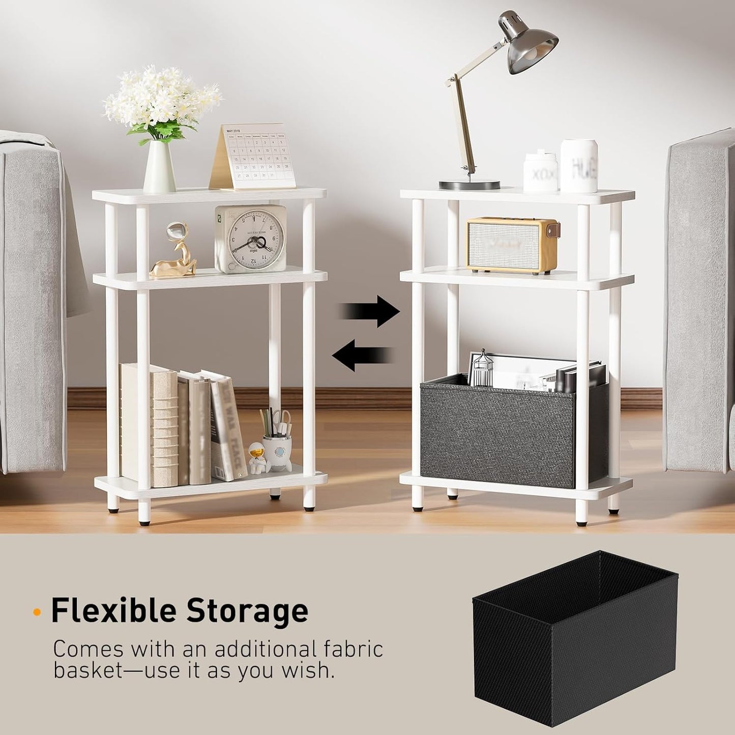 Narrow Side Table with Fabric Basket, 7" Wide, 3 Tier Skinny End Table with Wood Legs, Slim Nightstand/Bedside Table for Small Spaces, with Adjustable Feet, 15.7" L x 23" H, White