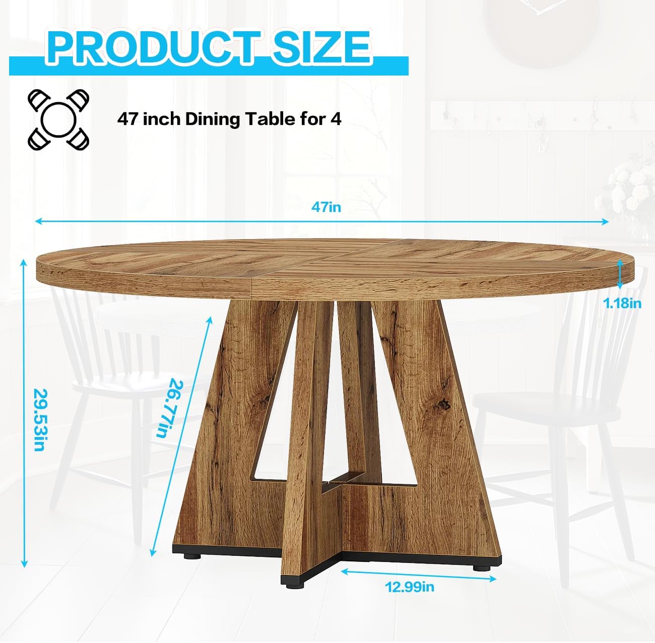 47" Round Dining Table for 4-6, Modern Dinner Table Farmhouse Round Small Kitchen Tables with Wooden Cross Base for Dining Room, Kitchen, Living Room, Retro Brown