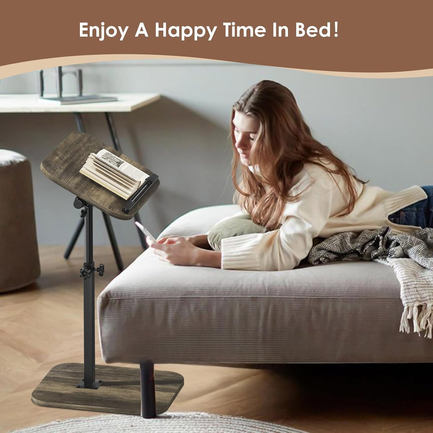 Sofa Couch Arm Table Tv Tray Small Bed Stand C Shaped Side End Tables for Living Room, Bedroom, Grey