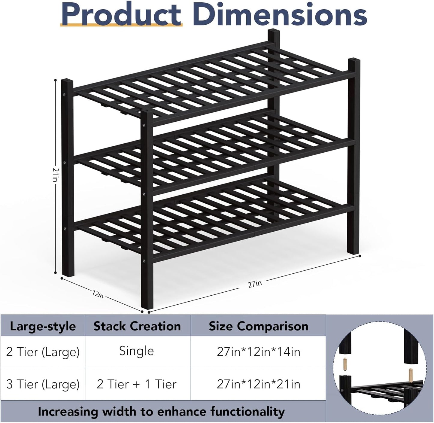 Haddockway Large 3 Tier Bamboo Shoe Rack Storage Organizer, Multifunctional Free Standing Stackable Shoe Shelf with Grid Panel for Closet,Hallway,Entryway,Small Space 27"x12"x21"(Black, 3-Tier(Large))
