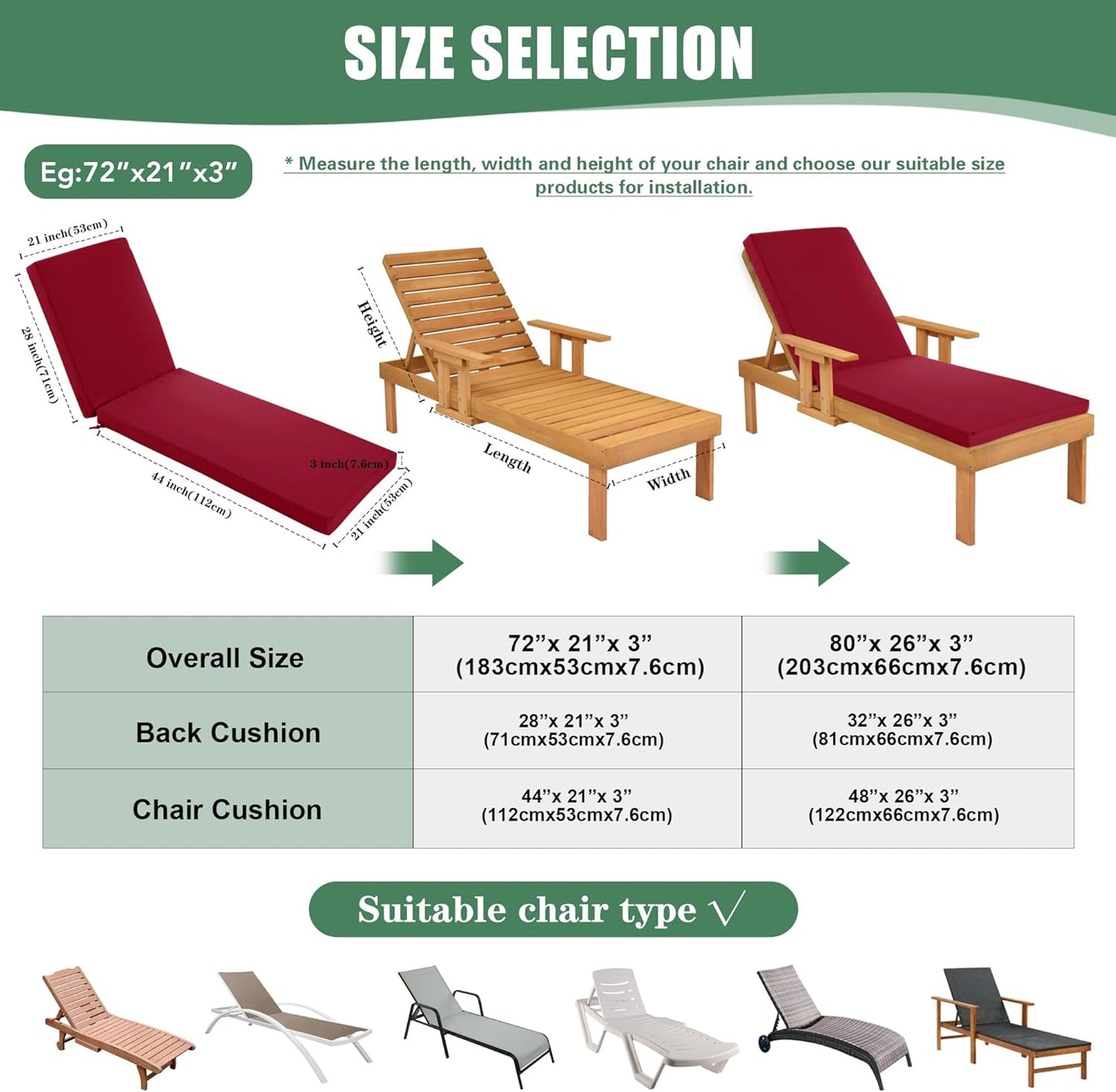 Chaise Lounge Cushions Outdoor Set of 2 - Waterproof and Fade Resistant Sun Lounger Replacement Cushions - Patio Lounger Pads with Removable Cover for Pool, Deck, Lawn, 72 x 21 x 3 Inch, Red