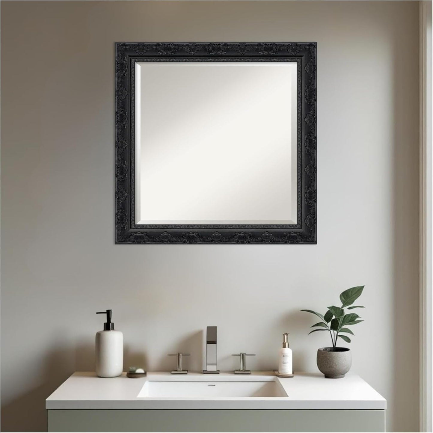 Amanti Art Bathroom Mirror for Over Sink, 25x25 Filigree Gloss Black Square Vanity Mirror, Medium Traditional Frame, Hangs Horizonally and Vertically, Bathroom Wall Decor, Beveled Edge