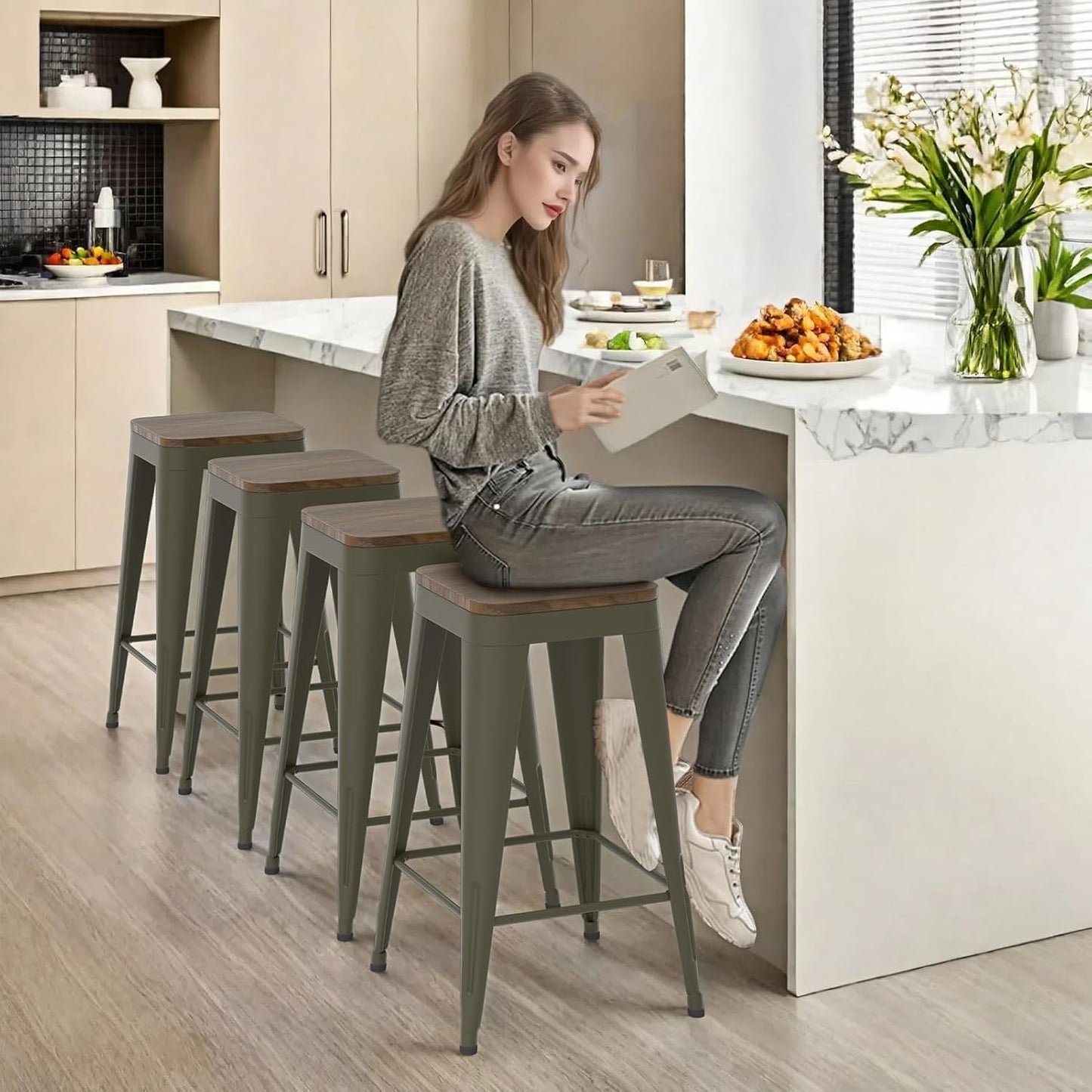 24 inch Backless Bar Stools Set of 4, Indoor Metal Bar Stools with Wood Seat, Industrial Counter Height Barstools for Kitchen Island, Rusty