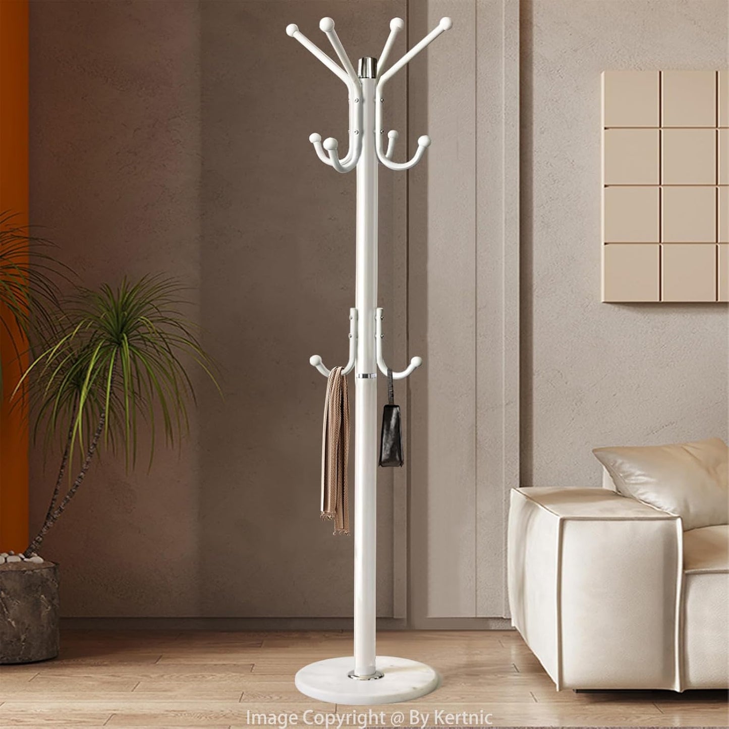 Kertnic Modern Coat Rack Freestanding with Natural Marble Base & Sturdy Metal Frame, 11 Hooks Hall Tree for Jackets, Hats, Bags, Entryway Organizer for Bedroom, Living Room, Closet (White)