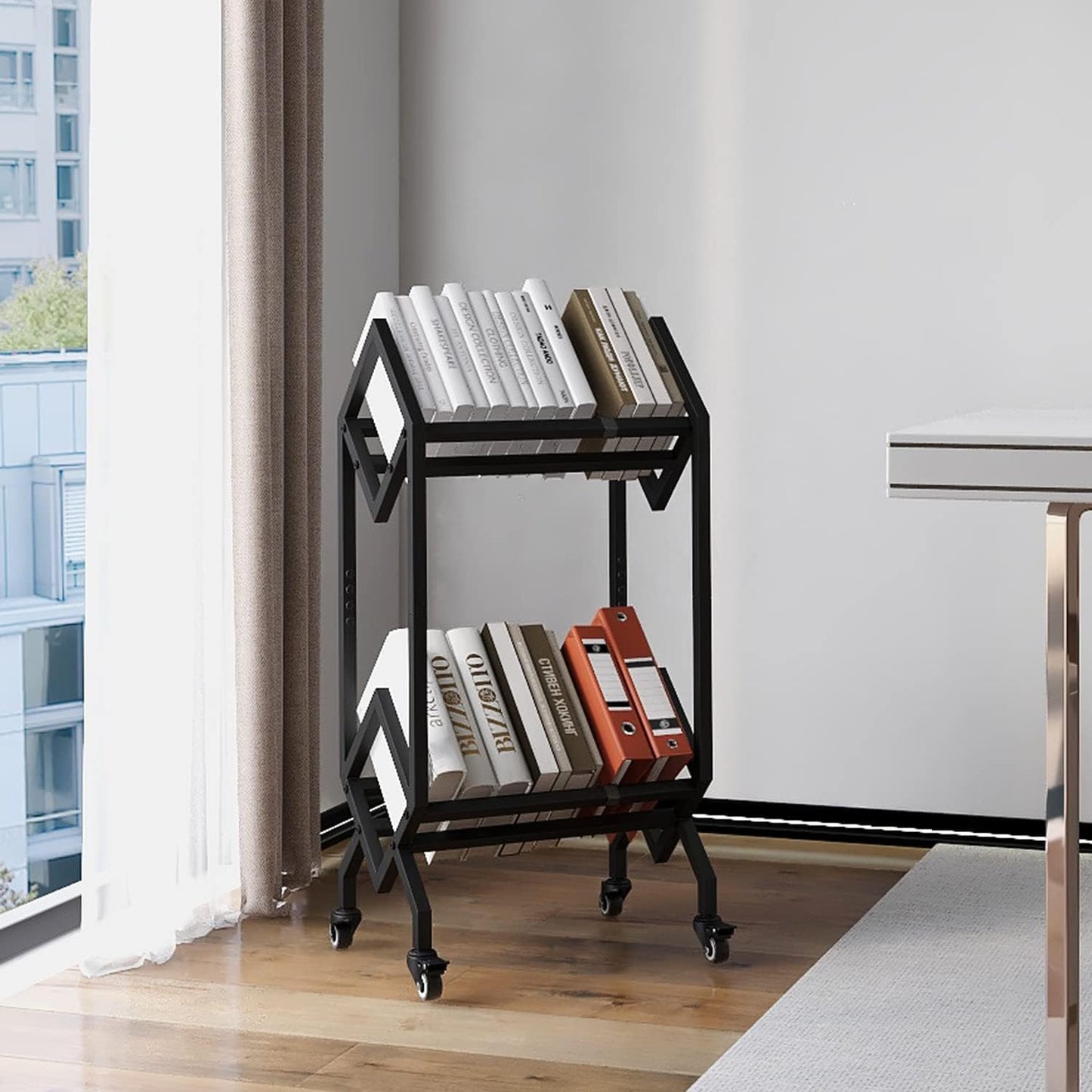 VEDECASA Bookshelf Book Rack Industrial Metal Bookcase 2 Tier Holder with Wheels Modern Stylish Design Magazines Files Album Recipe Book Storage Organizer for Sofa End Bed Beside