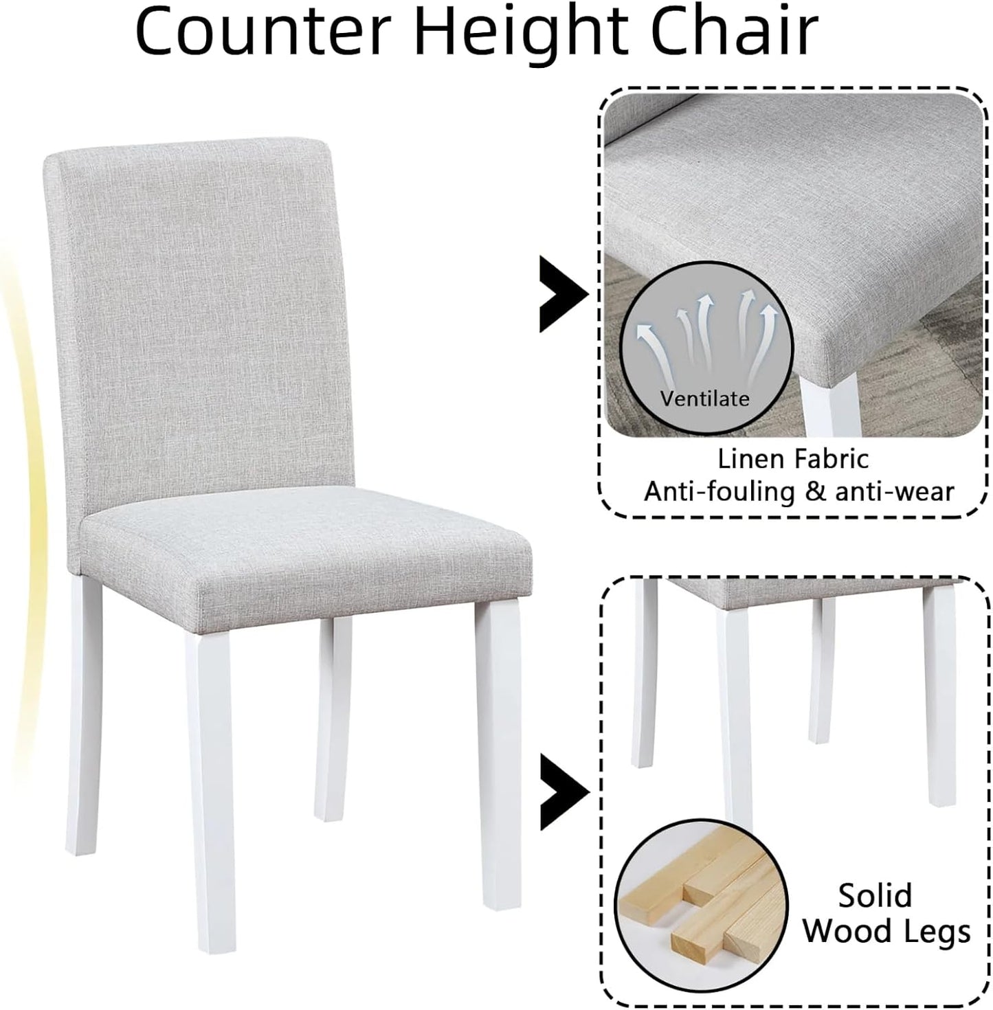 Dining Table Set for 4, 5-Piece Dining Room Table Set with Square Crystal Decoration Table & 4 Upholstered Backrest Chairs, Counter Height Kitchen Sets with Faux Wood Grain Design, White