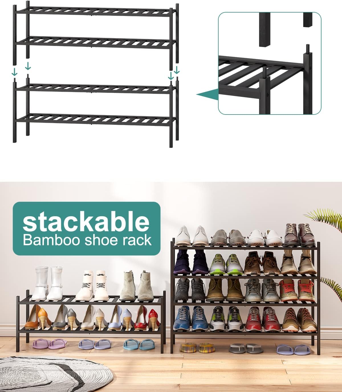 Black 4-Tier Long Shoe Rack, Bamboo Wood, 33-Inch