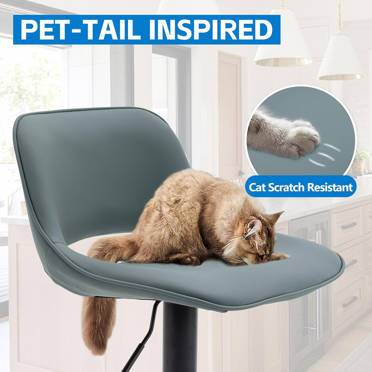 YOUNIKE Bar Stools Set of 2 Modern Swivel Barstools, Adjustable Counter Height Bar Stools Faux Leather Upholstered Counter Stools with Hollow Back for Kitchen Island, Greyish Green