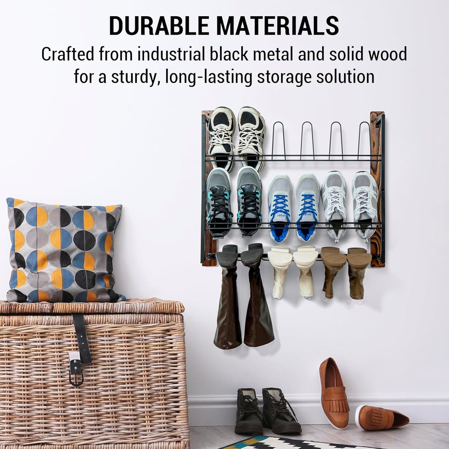 MyGift Premium Black Metal Hanging Wall Shoe Rack for Walk in Closet, Mudroom and Entryway, Wall Mounted Space Saving Boot and Shoe Rack Organizer, Holds 9 Pairs (Solid Wood, 9 Pairs)