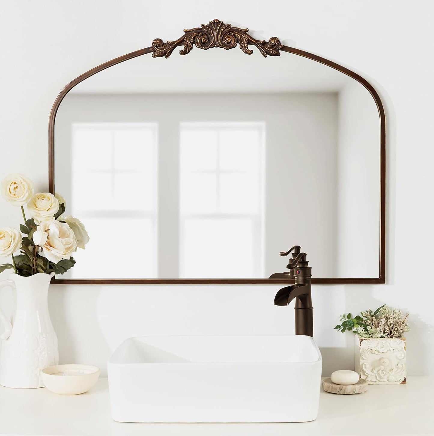 Kate and Laurel Arendahl Ornate Traditional Arched Mirror; 36 x 29; Bronze; Decorative Baroque Style Arched Wall Mirror with Wide Frame and Ornamental Crown