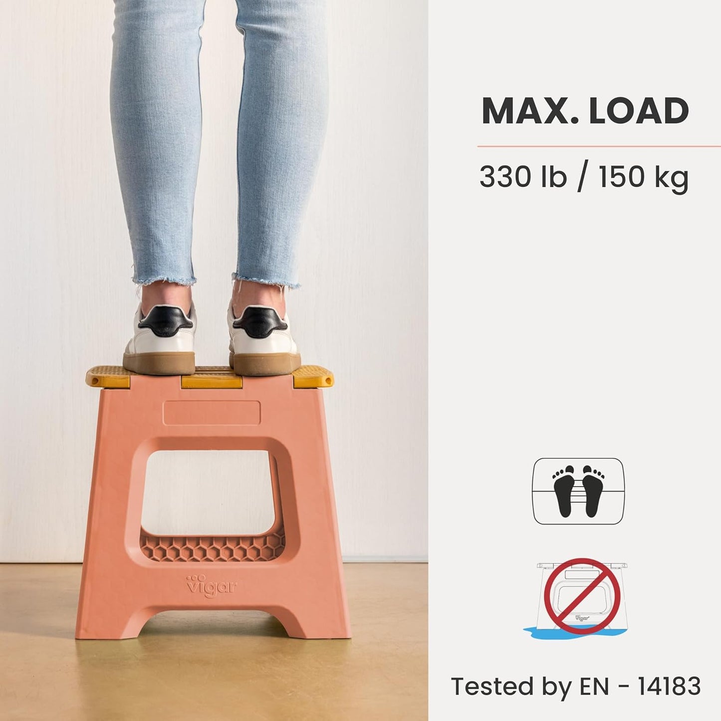 Vigar Compact Step Stool Foldable, 12-1/2-inch Step Stools for Adults up to 330 Pound, Lightweight Stool, Non-Slip Folding Step Stool, Sunrise Orange, Bamboo Print on Top