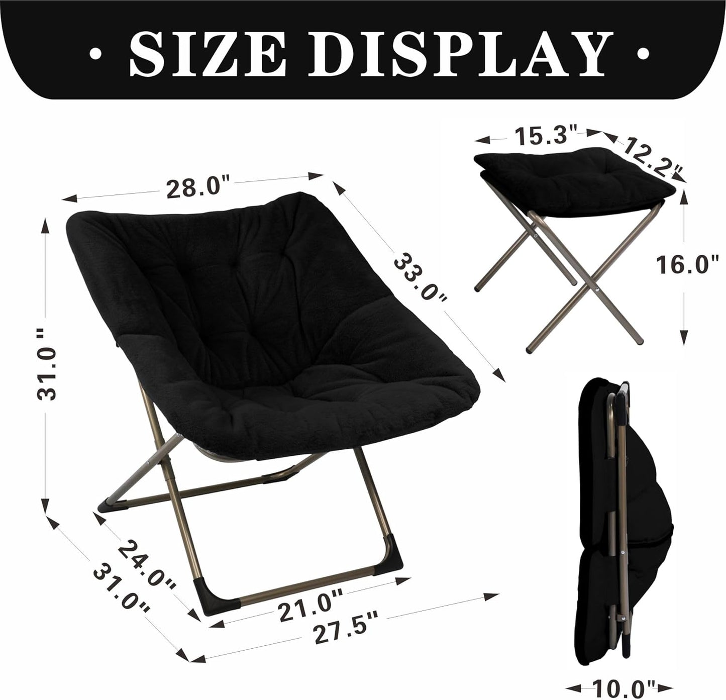 Kokel Plush Folding Chair and Ottoman Padded Metal Frame Living Room Chair (BLACK-TM20)