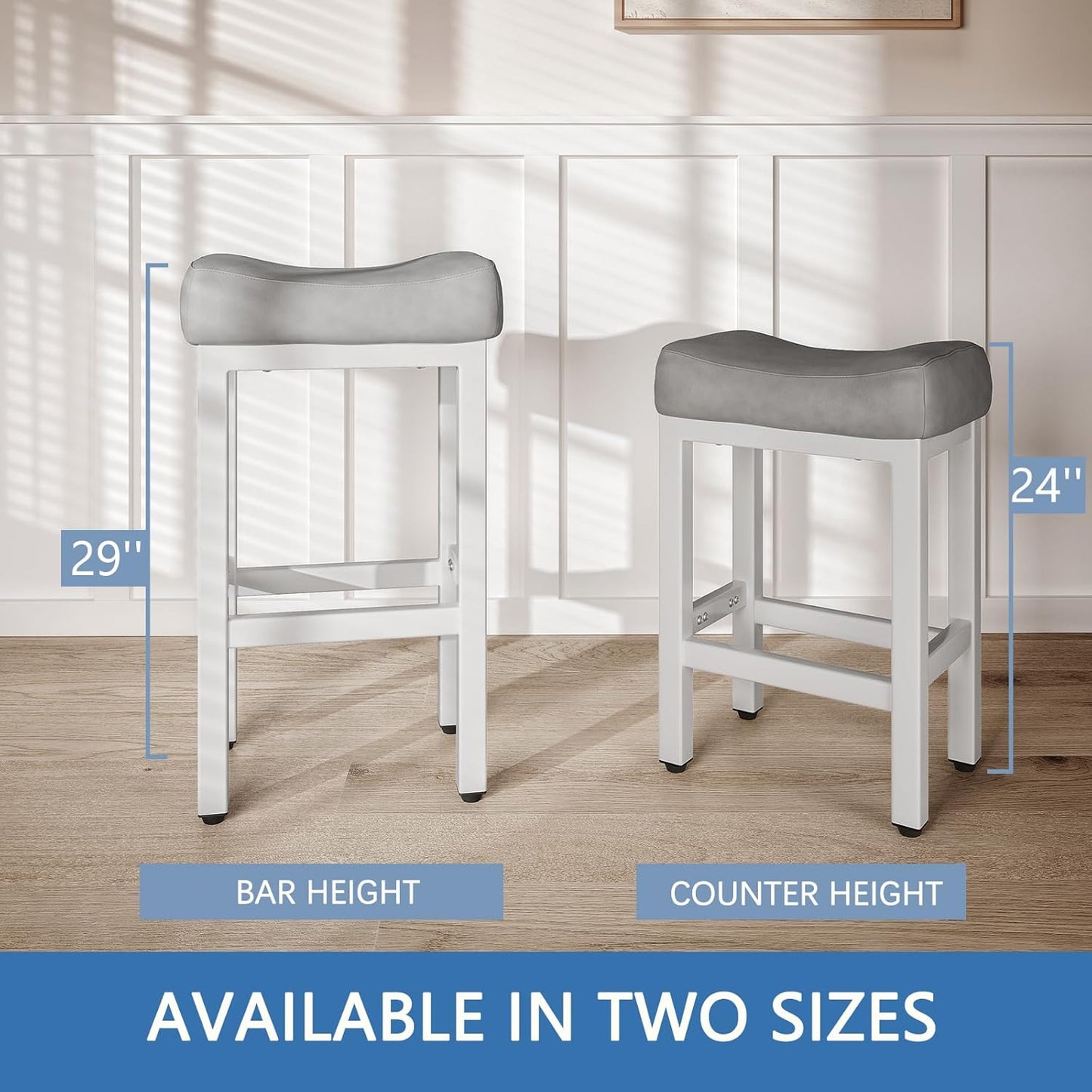 29 Inch Bar Height Bar Stools Set of 2, 29" Barstools for Kitchen Island Counter, Backless Bonded Leather Bar Height Stools with Thick Saddle Seats & Heavy Duty Metal Base, Easy Assembly, Gray/White