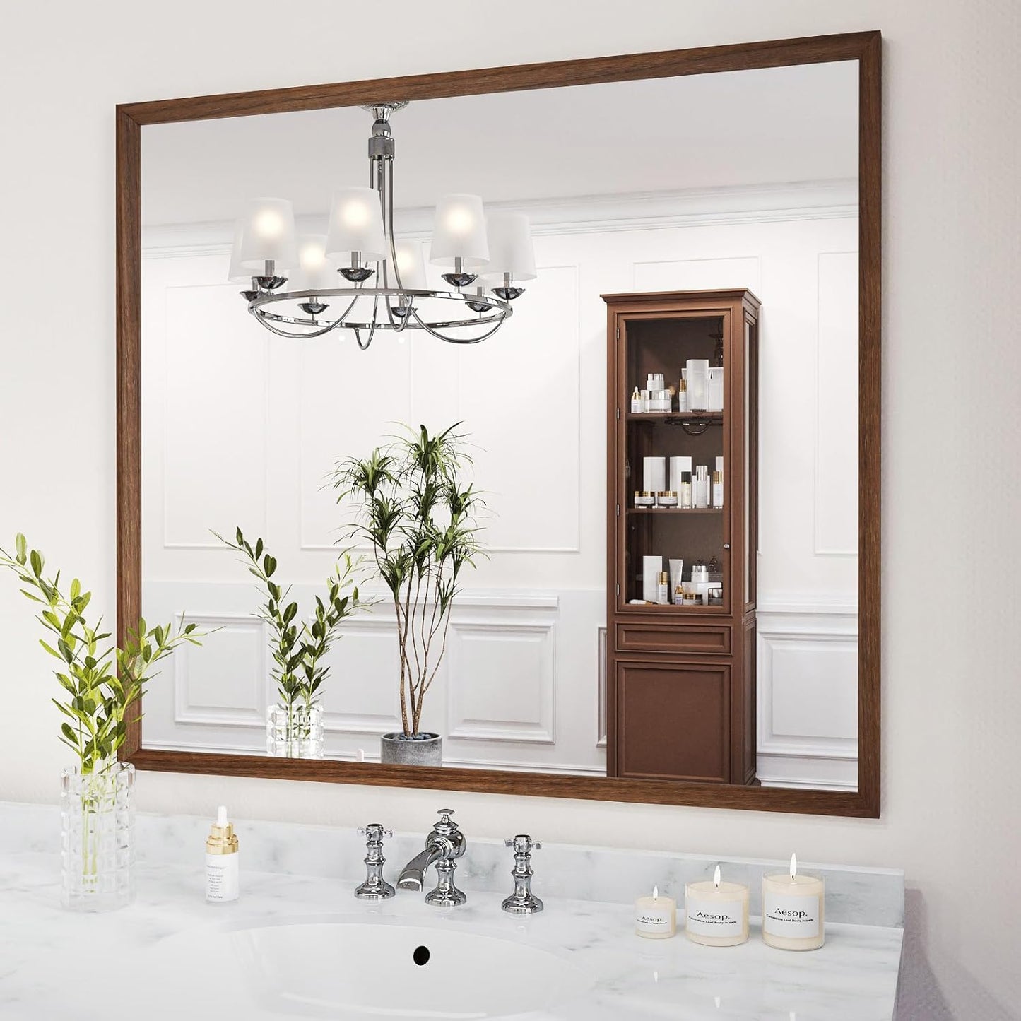 WEER Walnut Bathroom Mirror, Walnut Framed Mirror 40X36 Inch, Rectangle Wall Mounted Bathroom Vanity Mirror with Tempered Glass, Hangs Vertically or Horizontally, Anti-Rust