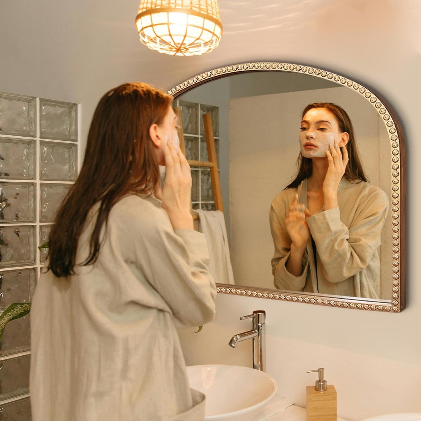 Gold Arch Mirror, 36"x28" Metal Beaded Frame Mirror, Ornate Decorative Accent Mirrors, Vintage Arched Mirrors for Vanity Bathroom Bedroom Entryway Living Room Fireplace