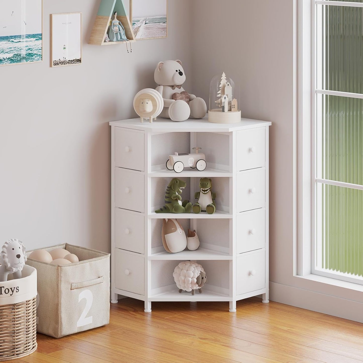 LUMTOK 8 Drawers Corner Dresser with Storage Fabric Drawers and Open Shelves for Small Space，Bedroom，Entryway，Living Room (White)