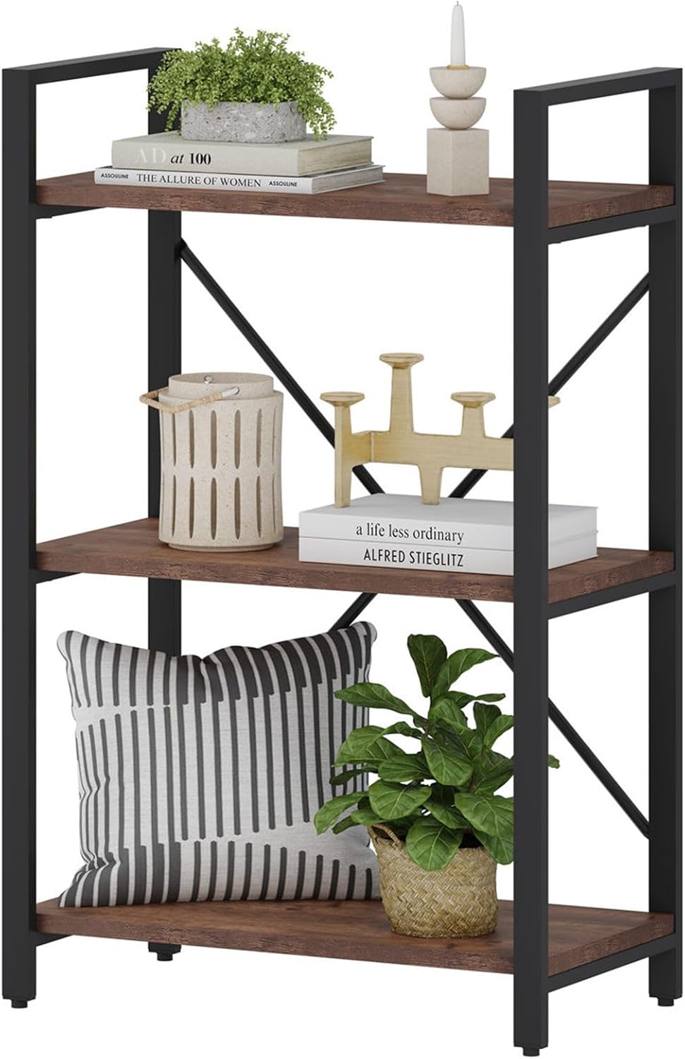 BON AUGURE 3 Tier Industrial Bookshelf, Office Small Open Book Shelf for Small Space, Short Narrow Wooden Etagere Bookcase for Living Room, Bedroom and Kitchen (Rustic Oak)