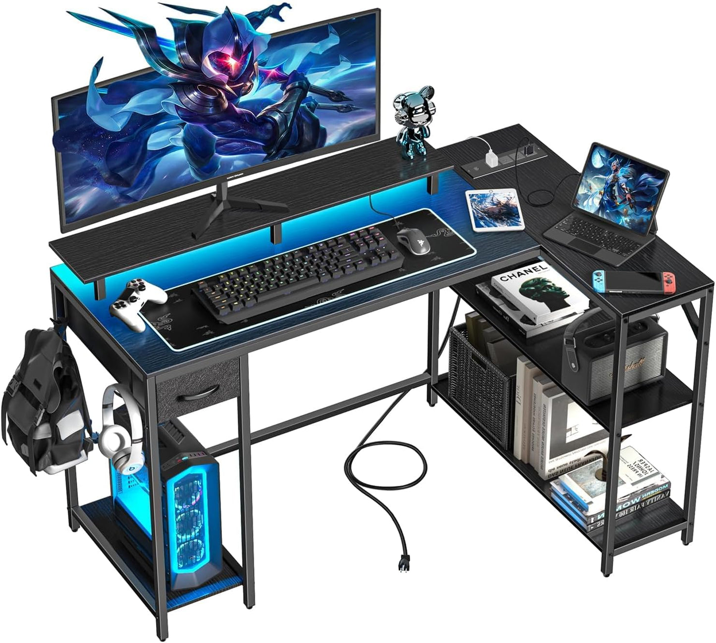 47 inch Gaming Desk with Power Outlet & LED Light, Reversible L Shaped Desk, L Shaped Desk with Hook & Monitor Stand, Computer Desk with Drawer and Shelves for Home Office Bedroom