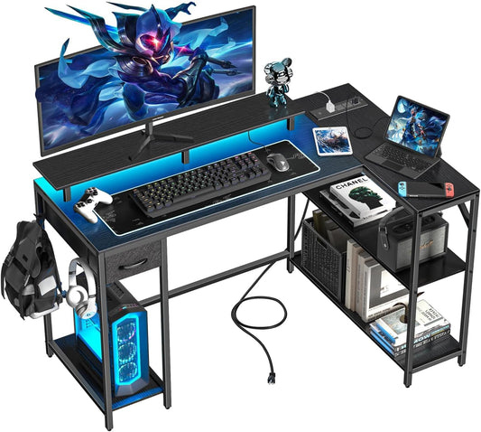 47 inch Gaming Desk with Power Outlet & LED Light, Reversible L Shaped Desk, L Shaped Desk with Hook & Monitor Stand, Computer Desk with Drawer and Shelves for Home Office Bedroom